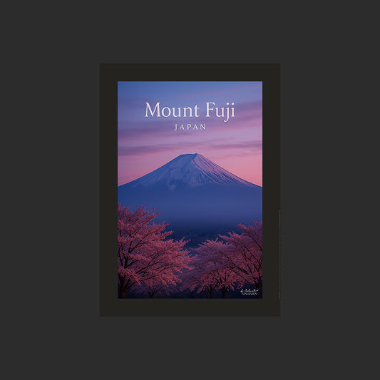 Affiche SP0174 Le Mont Fuji au Japon avec les cerisiers au couchant, design avec marge couleur.