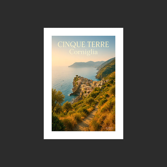 Affiche SP0180 Cinque Terre Corniglia depuis les collines en été, design avec marge blanche.
