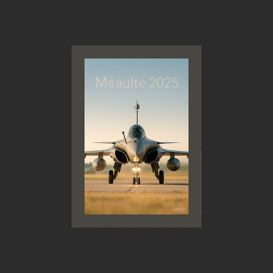 Affiche SP0188 Avion de chasse Rafale sur le tarmac à Méaulte en 2025, design avec marge couleur.
