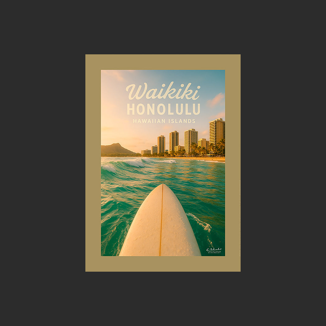 Affiche SP0192 Waikiki Honolulu Hawaï surf devant la plage en été au couchant, design avec marge couleur.