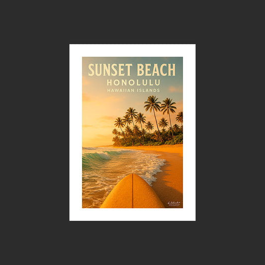 Affiche SP0193 Sunset Beach Honolulu Hawaï surf sur la plage en été au couchant, design avec marge blanche.