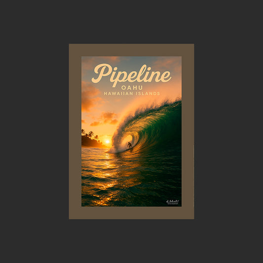 Affiche SP0197 Pipeline Oahu Hawaï surfeur en été au soleil couchant, design avec marge couleur.