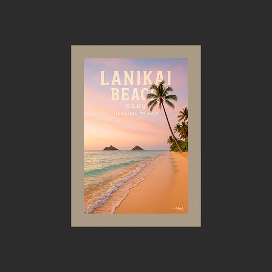 Affiche SP0199 Lanikai Beach Oahu Hawaï plage et palmiers au soleil couchant, design avec marge couleur.