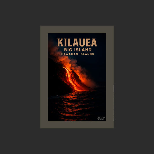 Affiche SP0201 Kilauea Big Island Hawaï coulée de lave la nuit, design avec marge couleur.