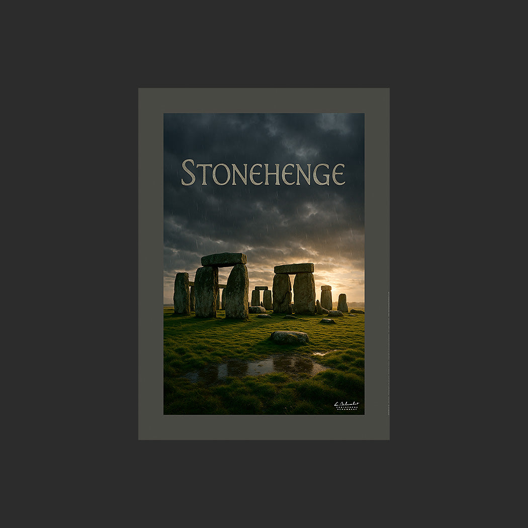 Affiche SP0206 Stonehenge en Angleterre équinoxe d'automne au couchant, design avec marge couleur.