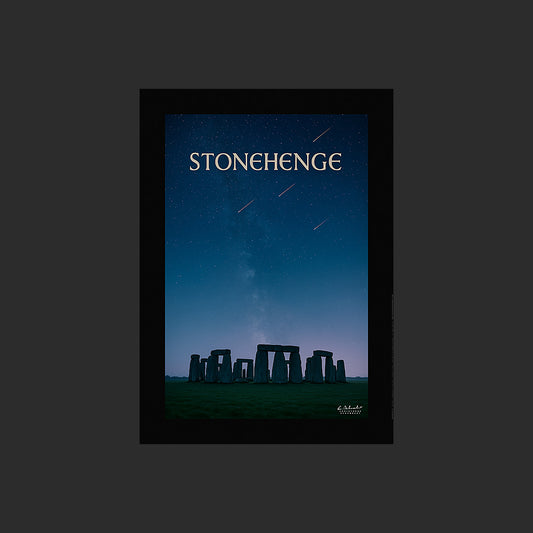 Affiche SP0209 Stonehenge en Angleterre étoiles filantes et nuit d'équinoxe, design avec marge couleur.