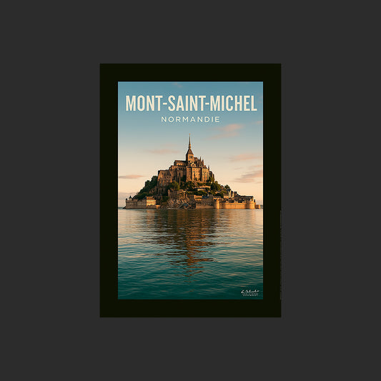 Affiche SP0210 Le Mont-Saint-Michel comme une île à marée haute, design avec marge couleur.