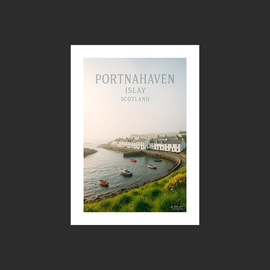 Affiche SP0211 Portnahaven sur l'île d'Islay en Ecosse au printemps, design avec marge blanche.