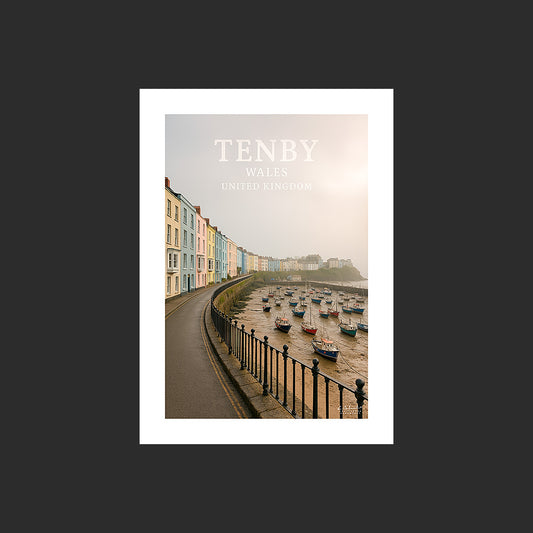 Affiche SP0213 Le port de Tenby au Pays de Galles un matin en été, design avec marge blanche.