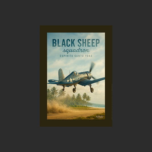 Affiche SP0214 Avion de chasse F4U Corsair sur Espiritu Santo au décollage, design avec marge couleur.