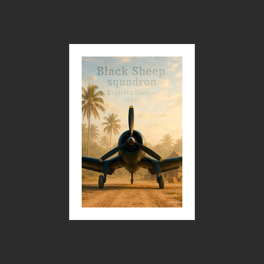 Affiche SP0215 Avion de chasse F4U Corsair posé sur Espiritu Santo, design avec marge blanche.