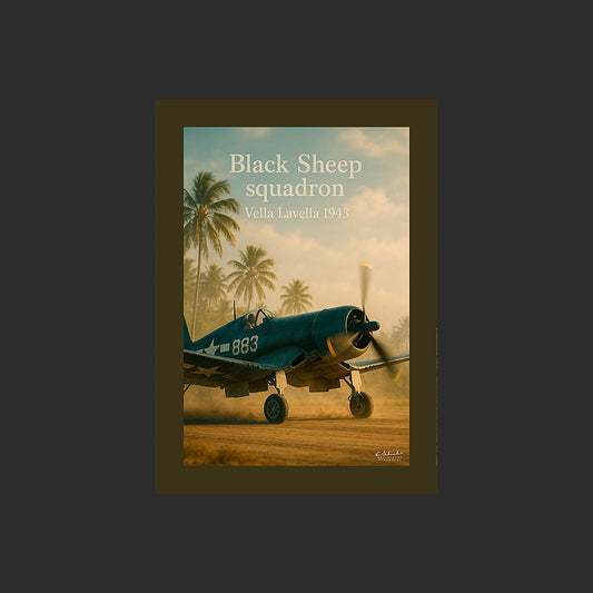 Affiche SP0216 Avion de chasse F4U Corsair sur Vella Lavella en bout de piste, design avec marge couleur.