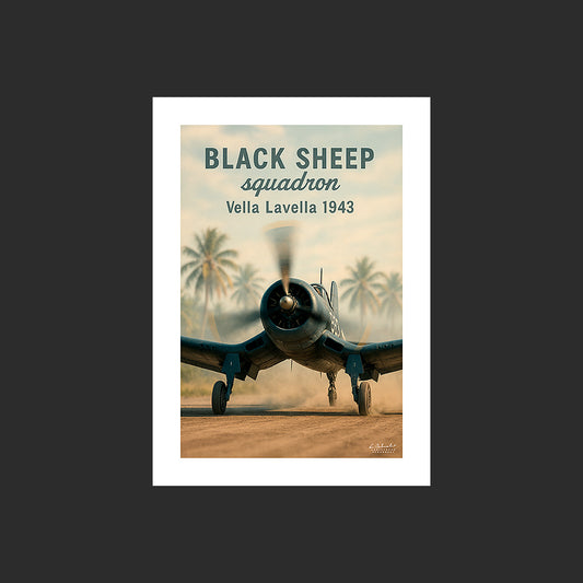 Affiche SP0217 Avion de chasse F4U Corsair sur Vella Lavella au décollage, design avec marge blanche.
