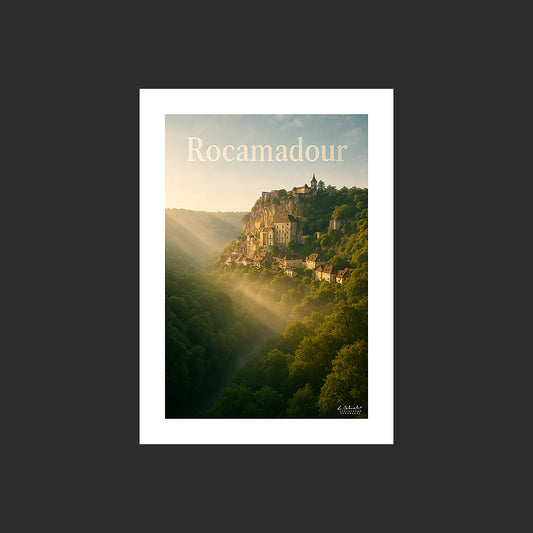Affiche SP0218 Le village médiéval de Rocamadour en été au lever du jour, design avec marge blanche.