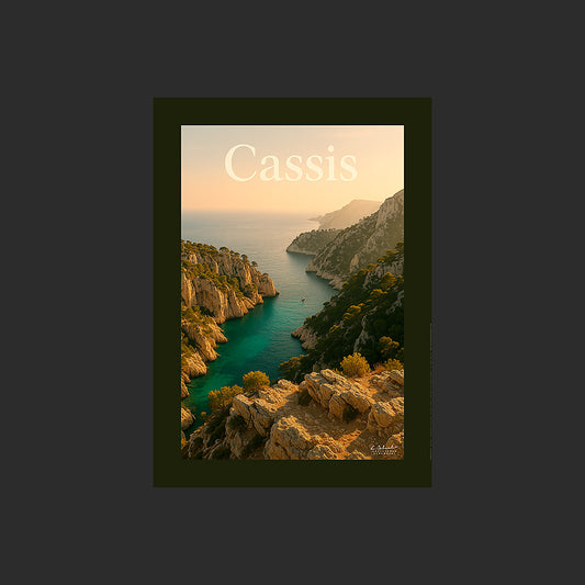 Affiche SP0219 Les calanques de Cassis sur la Côte d'Azur en été au couchant, design avec marge couleur.
