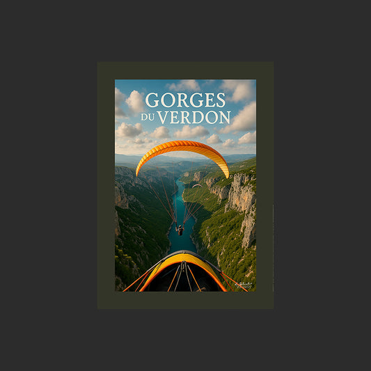 Affiche SP0220 Les gorges du Verdon depuis un parapente en Provence en été, design avec marge couleur.