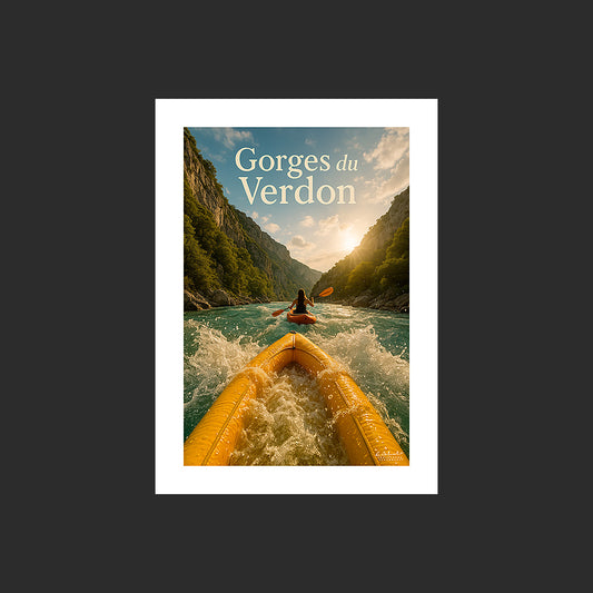 Affiche SP0225 Descente en duo en kayak sur le Verdon en Provence en été, design avec marge blanche.