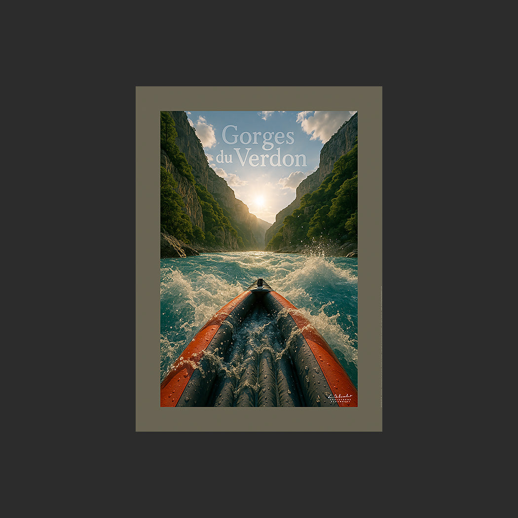 Affiche SP0226 Kayak sur le Verdon en eaux vives en Provence en été, design avec marge couleur.