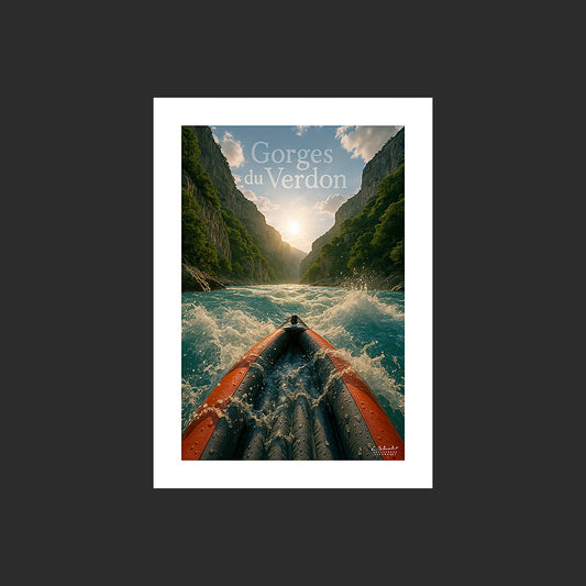 Affiche SP0226 Kayak sur le Verdon en eaux vives en Provence en été, design avec marge blanche.