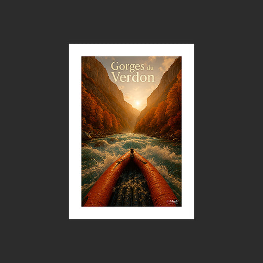 Affiche SP0229 Rafting dans les gorges du Verdon en automne en Provence, design avec marge blanche.