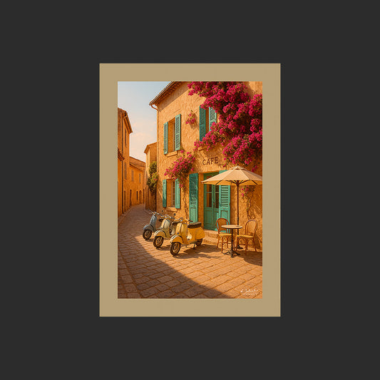 Affiche SP0230 Trois Vespa à Saint-Tropez devant un café en été, design avec marge couleur.