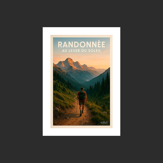 Affiche SP0231 Un marcheur sur un sentier de montagne en France un matin en été, design avec marge blanche.