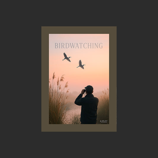 Affiche SP0238 Birdwatching avec des hérons dans une roselière le matin, design avec marge couleur.