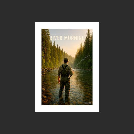 Affiche SP0239 Pêcheur au lancer dans une rivière sauvage le matin, design avec marge blanche.