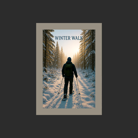 Affiche SP0240 Un randonneur en raquettes dans la neige en forêt, design avec marge couleur.