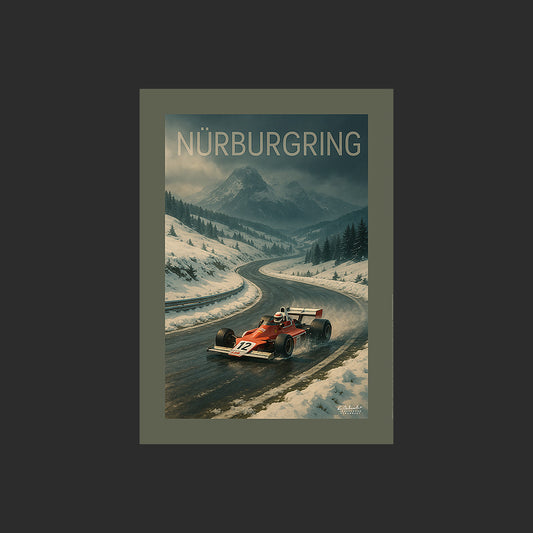 Affiche SP0248 Une Formule 1 sur le circuit du Nürburgring en hiver, design avec marge couleur.