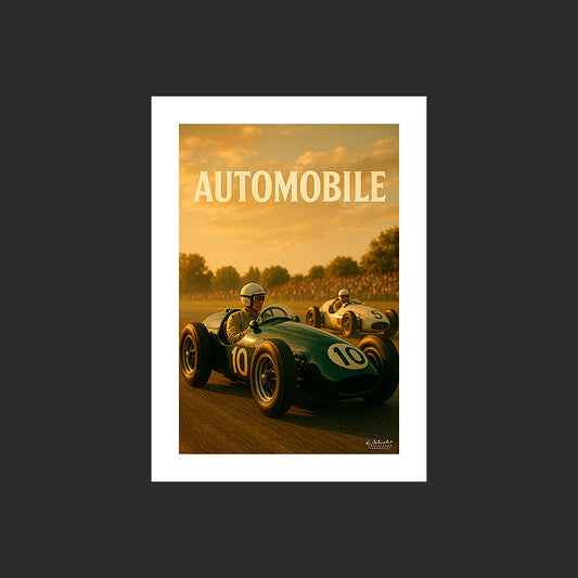 Affiche SP0255 Des Formule 1 des années 1950 sur un circuit automobile, design avec marge blanche.