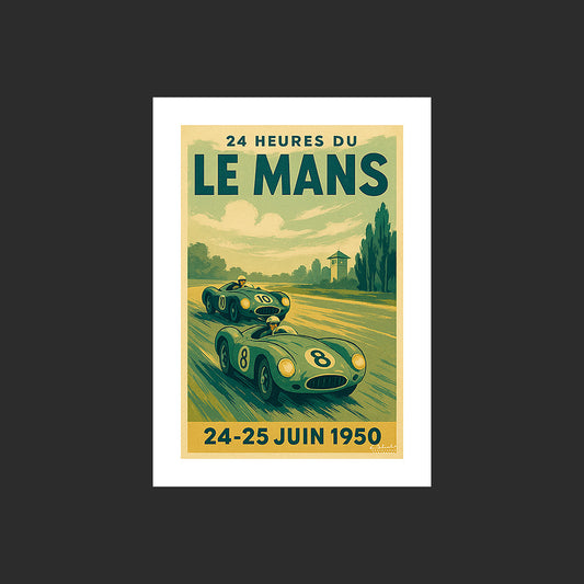 Affiche SP0258 Image style litho des 24 Heures du Mans en 1950, design avec marge blanche.