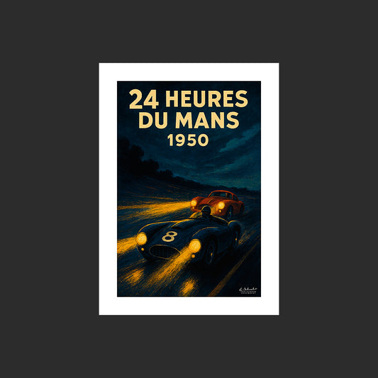 Affiche SP0259 Image des 24 Heures du Mans de nuit en 1950 en style art déco, design avec marge blanche.