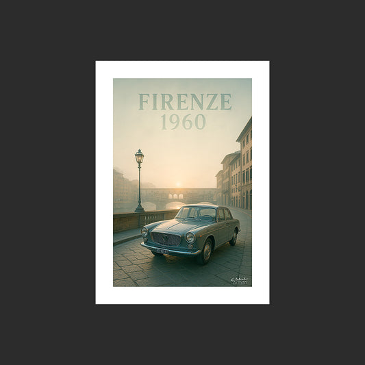 Affiche SP0003 Lancia Flavia grise 1960 Florence Ponte Vecchio Arno le matin, design avec marge blanche.