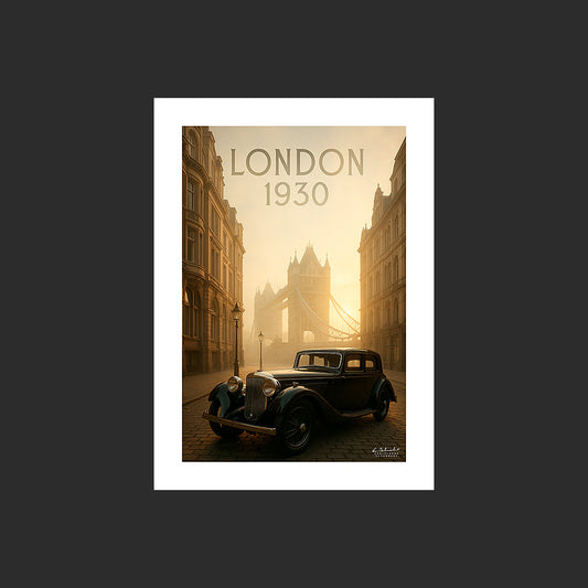 Affiche SP0005 Berline Jaguar noire de 1930 Londres Tower Bridge le matin, design avec marge blanche.