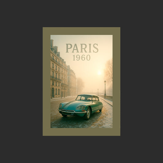 Affiche SP0008 Citroën DS verte de 1960 Paris Pont Neuf en hiver, design avec marge couleur.