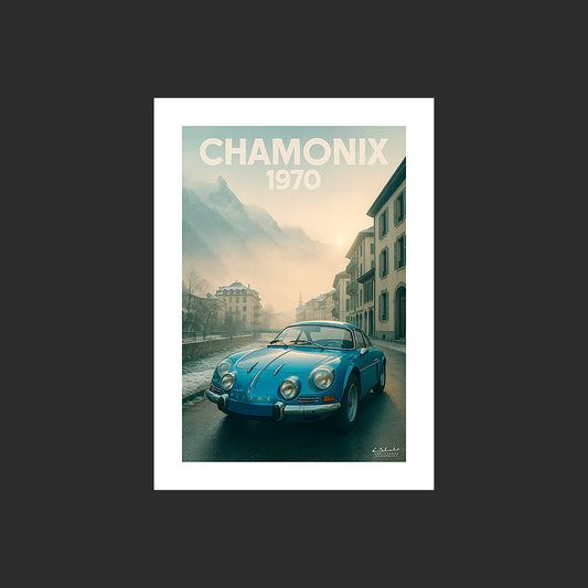 Affiche SP0010 Alpine Renault A110 1970 Chamonix Mont Blanc en hiver, design avec marge blanche.