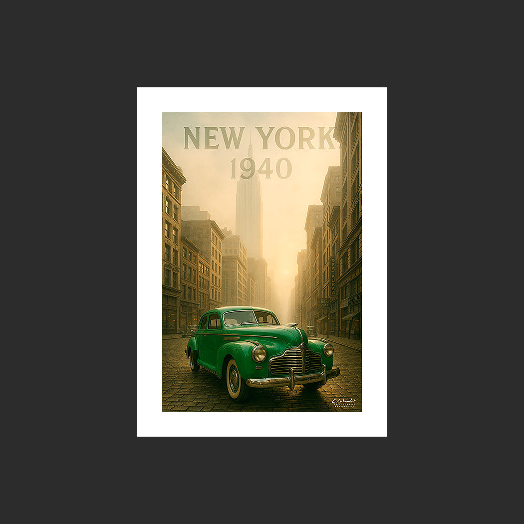 Affiche SP0012 Buick Spécial 1940 verte New York Empire State Building, design avec marge blanche.