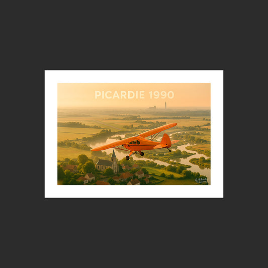 Affiche SP0017 Piper J-3 Cub Picardie Amiens Vallée de Somme au couchant, design avec marge blanche.