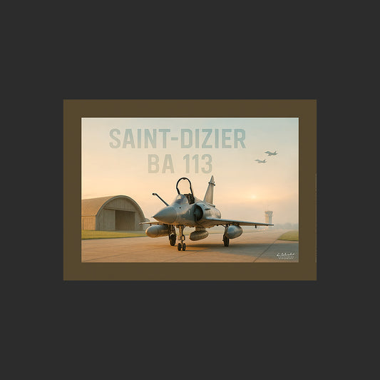 Affiche SP0018 Dassault Mirage 2000 Piste BA113 de Saint-Dizier au couchant, design avec marge couleur.
