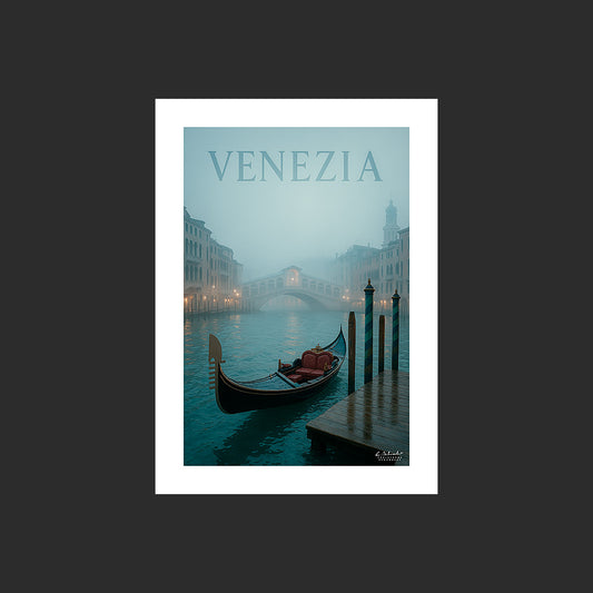 Affiche SP0023 Venise Gondole Grand Canal Pont Rialto Soir en Hiver, design avec marge blanche.