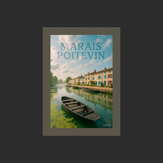 Affiche SP0029 Coulon Marais Poitevin Sèvre Niortaise Barques en été, design avec marge couleur.