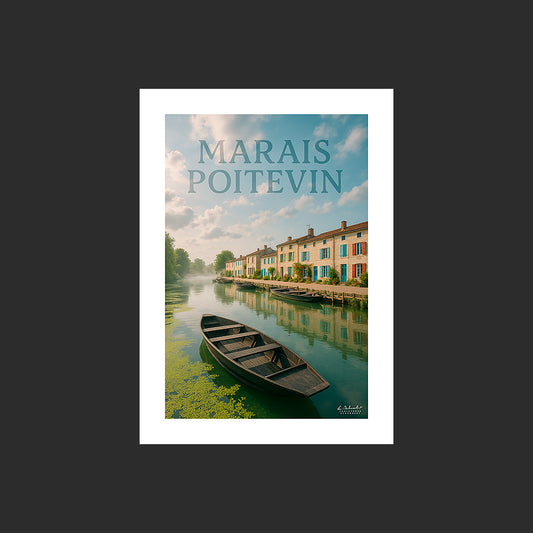 Affiche SP0029 Coulon Marais Poitevin Sèvre Niortaise Barques en été, design avec marge blanche.