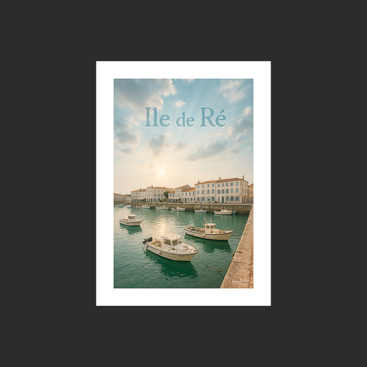 Affiche SP0030 Le port de Saint-Martin-de-Ré Ile de Ré en été, design avec marge blanche.