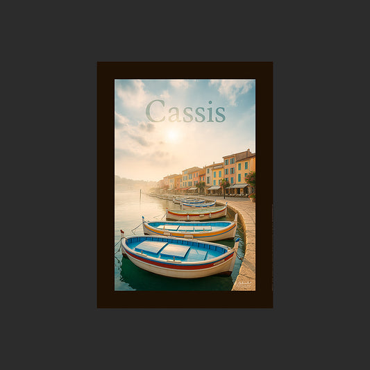 Affiche SP0031 Le port de Cassis sur la Côte d'Azur en été avec ses barques, design avec marge couleur.