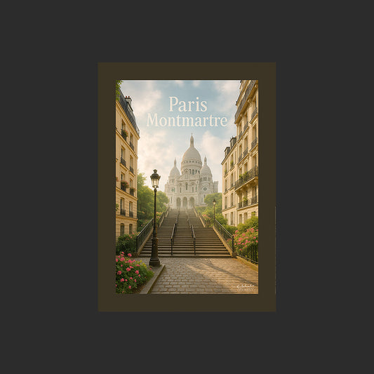 Affiche SP0032 Montmartre Paris Basilique du Sacré-Coeur en été, design avec marge couleur.