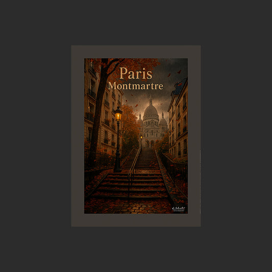 Affiche SP0033 Escalier de Montmartre Paris Sacré-Coeur Automne et pluie, design avec marge couleur.
