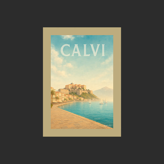 Affiche SP0034 Le port et la citadelle de Calvi en Corse en été, design avec marge couleur.