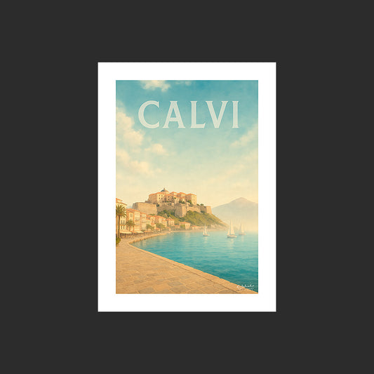 Affiche SP0034 Le port et la citadelle de Calvi en Corse en été, design avec marge blanche.