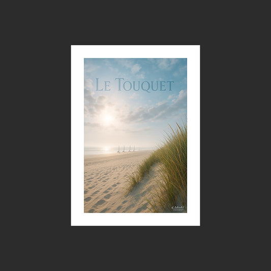 Affiche SP0037 Le Touquet sur la Côte d'Opale Plage et dunes en été, design avec marge blanche.
